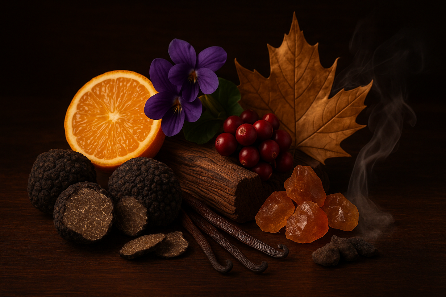 Black Truffle, Bergamot, Violet, Lingonberry, Maple, Oak, Amber, Vanilla, and Musk