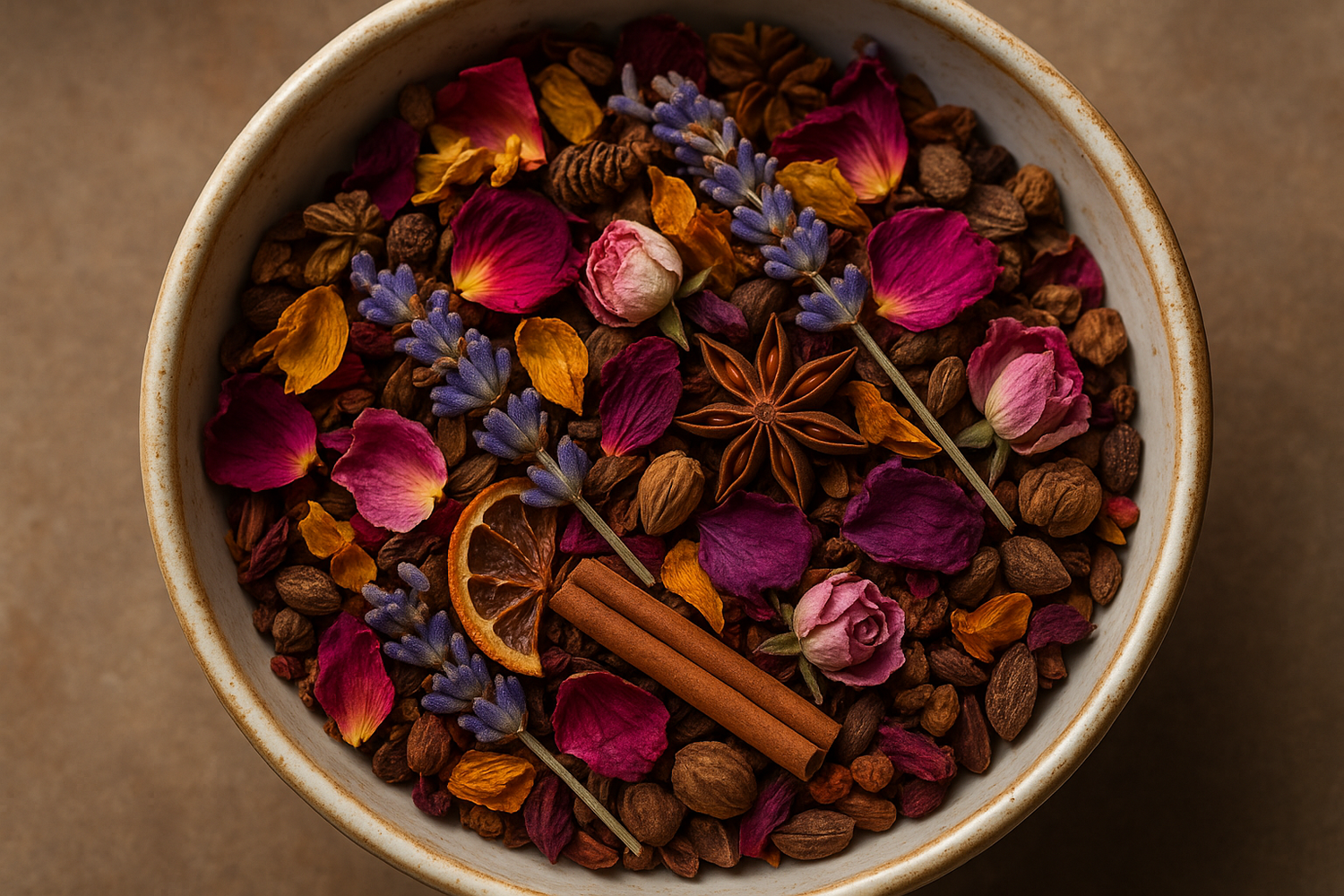 Different colors of potpourri in a bowl