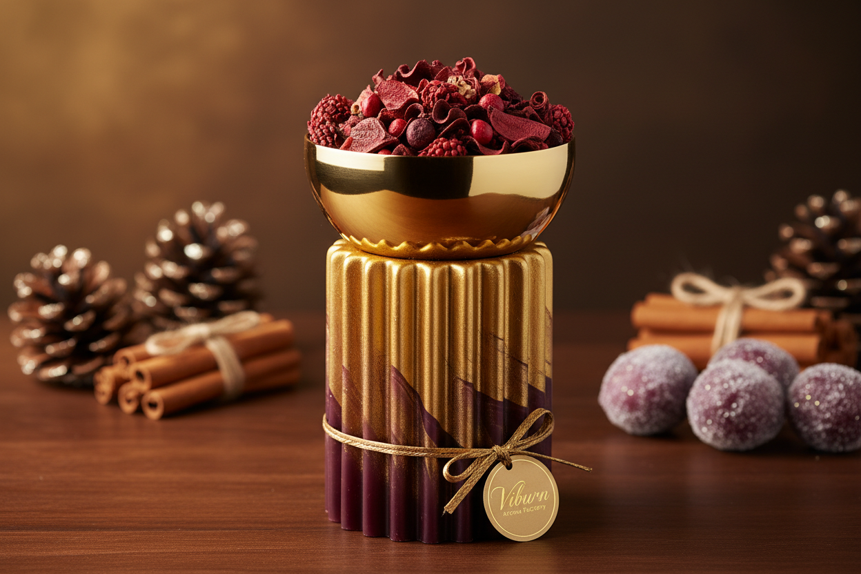 A gold and plum ribbed candle with a bowl of red potpourri in the middle, for company Viburn Aroma Factory. Pine cones, cinnamon and sugar plums in the background. 