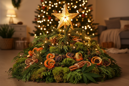Christmas tree with gold star, surrounded by Orange Peel, Peppercorn, Cypress, Moss, Clove, Cinnamon, Fir, and Patchouli
