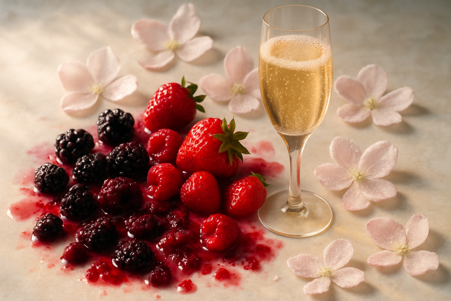  crushed blackberry, raspberry, and strawberry, sparkling champagne, and sugar petals. 