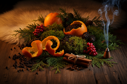 Orange Peel, Peppercorn, Cypress, Moss, Bayberry, Clove, Cinnamon, Fur, Incense