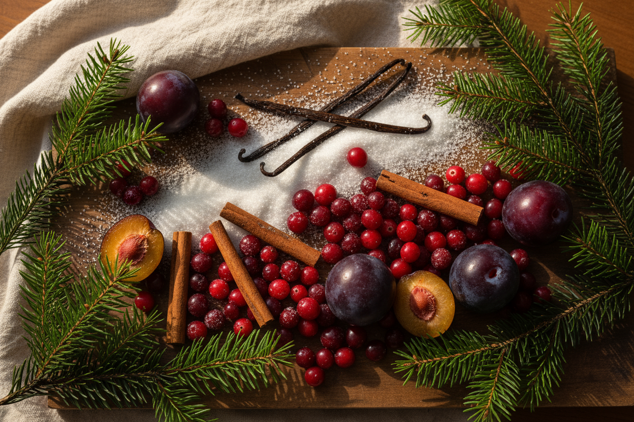 Plum, Cranberry, Cinnamon, Fir, Sugar, and Vanilla